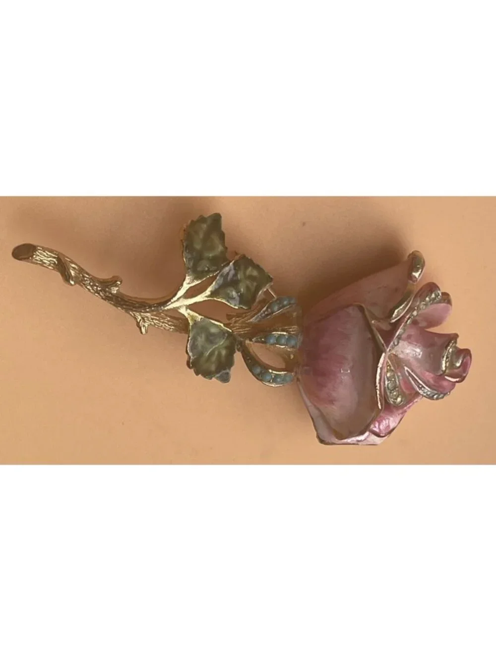 Vtg Signed Coro Enamel Rose Brooch Pink Floral Pin With Rhinestones & Gold-Tone